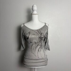 Marianne Silver Metallic Grey Floral Knit Vintage Cold Shoulder Tunic Top Small